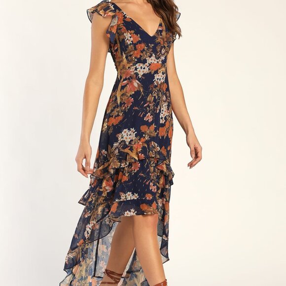 Floral High-Low Maxi Dress - Elegant & Flowy | Ruffled Special Occasion - Picture 1 of 13